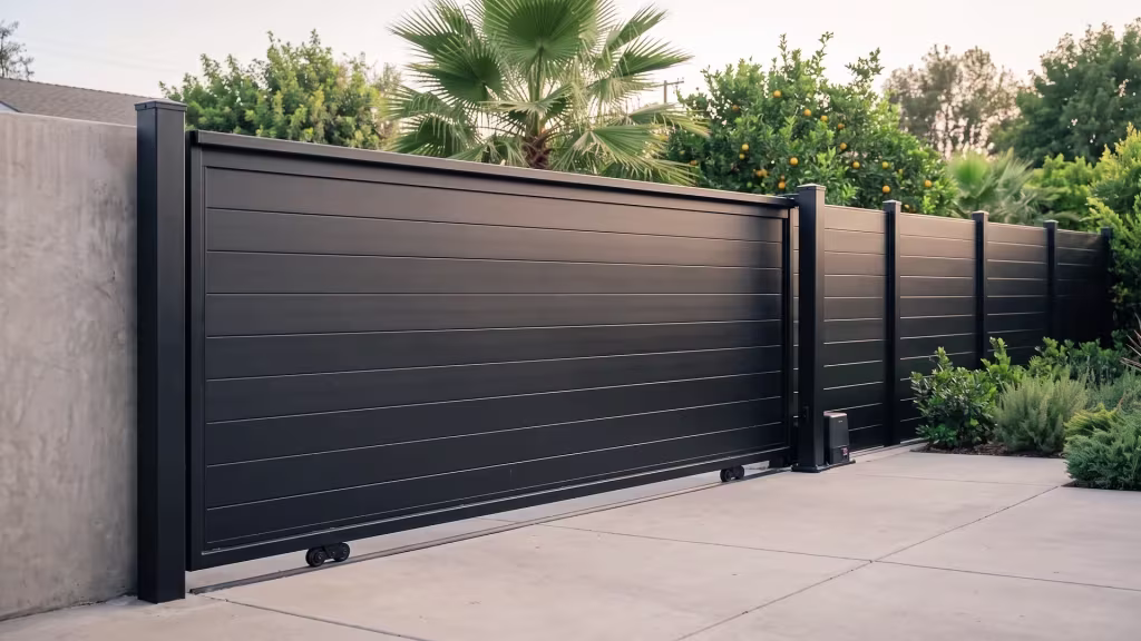 Black full privacy aluminum sliding gate closing a driveway court beneath a tall fan palm and citrus trees