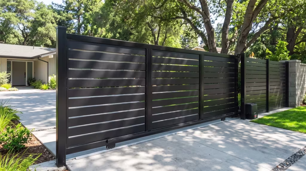 A coast live oak shades the concrete motor court where this Black aluminum sliding gate rolls shut in full privacy