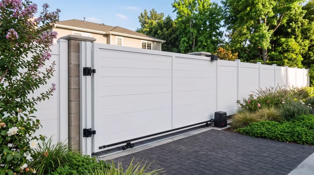 White full privacy aluminum sliding gate screens a rear service drive from the landscaped backyard beyond