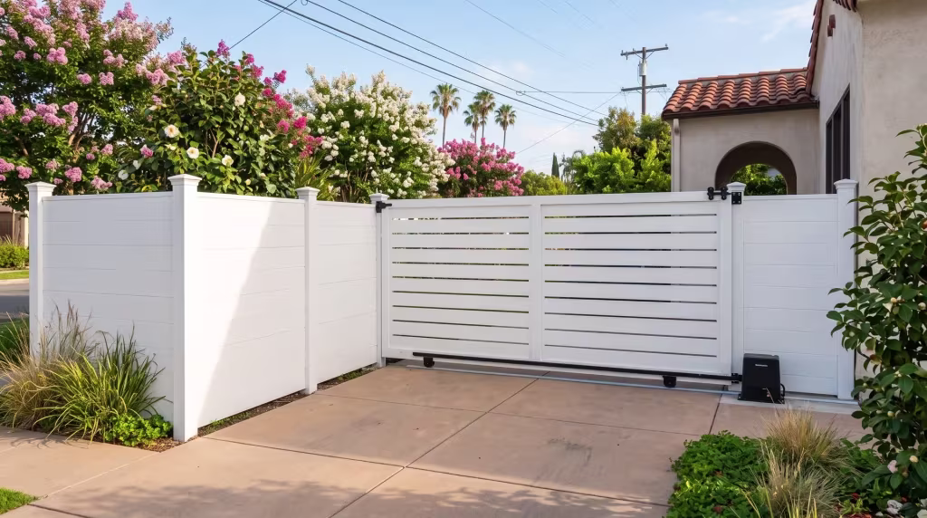Grasses and crepe myrtle border the alley drive that this White aluminum sliding gate opens in full privacy