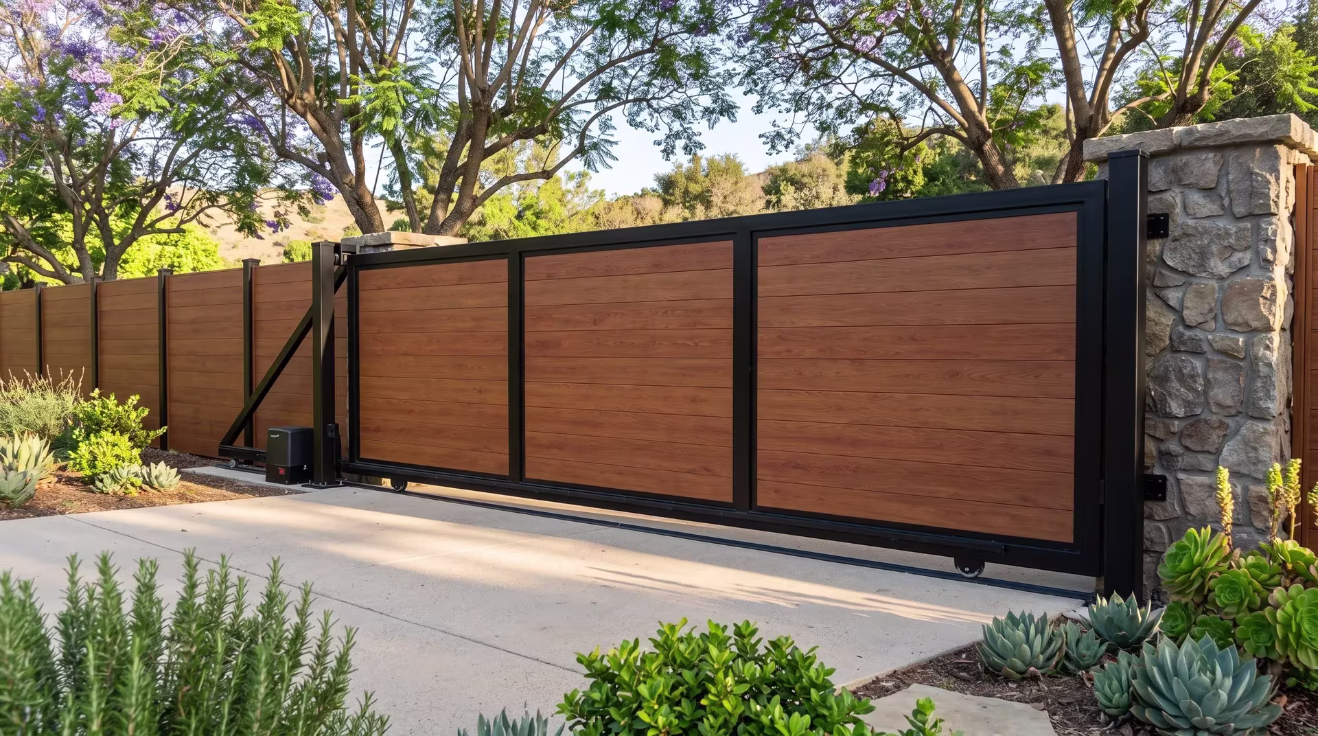 Woodgrain full privacy aluminum sliding gate seals a controlled access drive at a research laboratory entrance