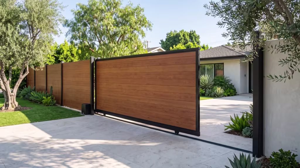 Mature olive trees frame the wide front drive that this Woodgrain aluminum sliding gate closes off in full privacy