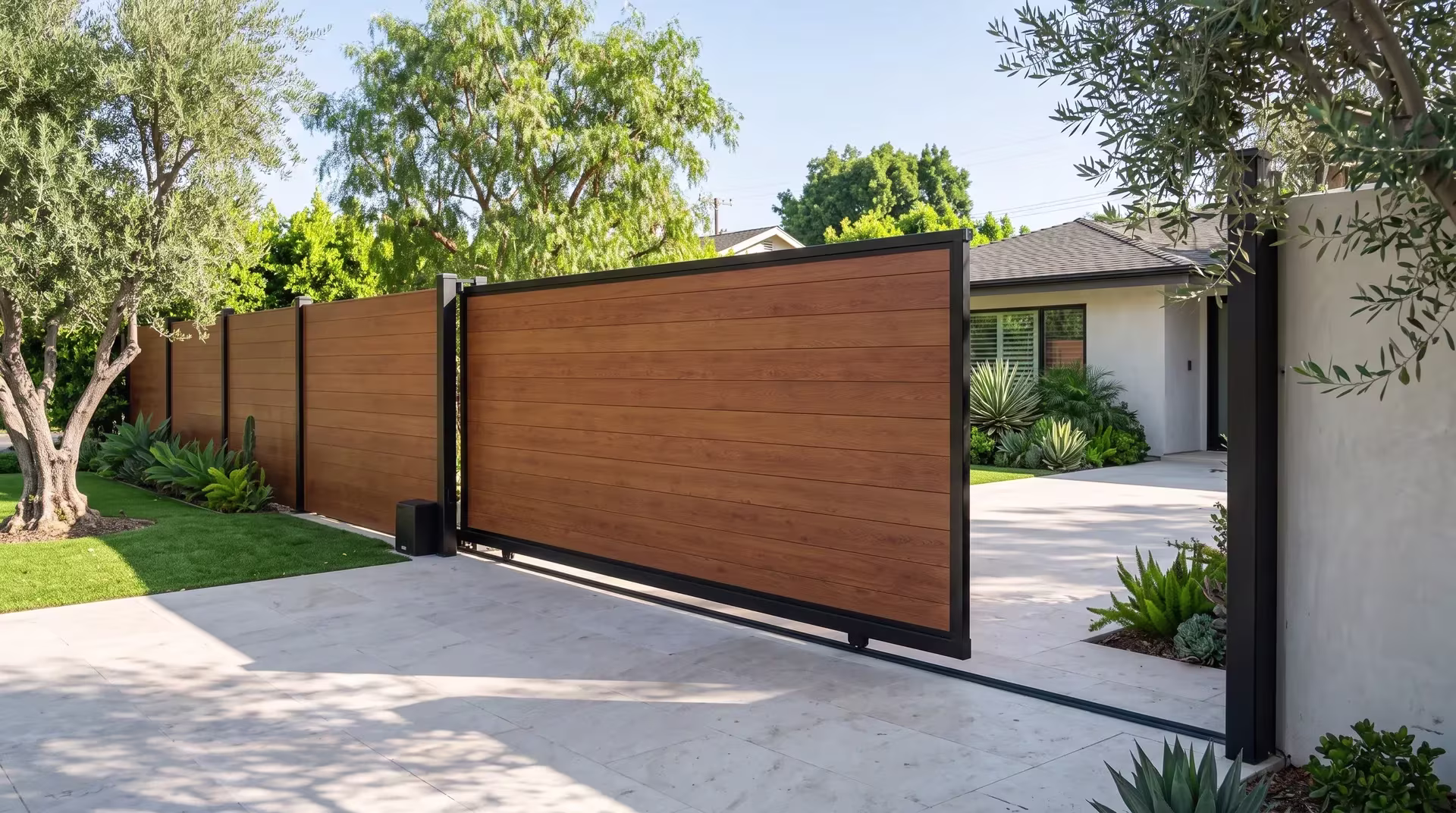 Mature olive trees frame the wide front drive that this Woodgrain aluminum sliding gate closes off in full privacy