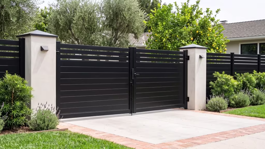 Black privacy hybrid aluminum double gate spanning a brick edged drive to the ranch house entrance