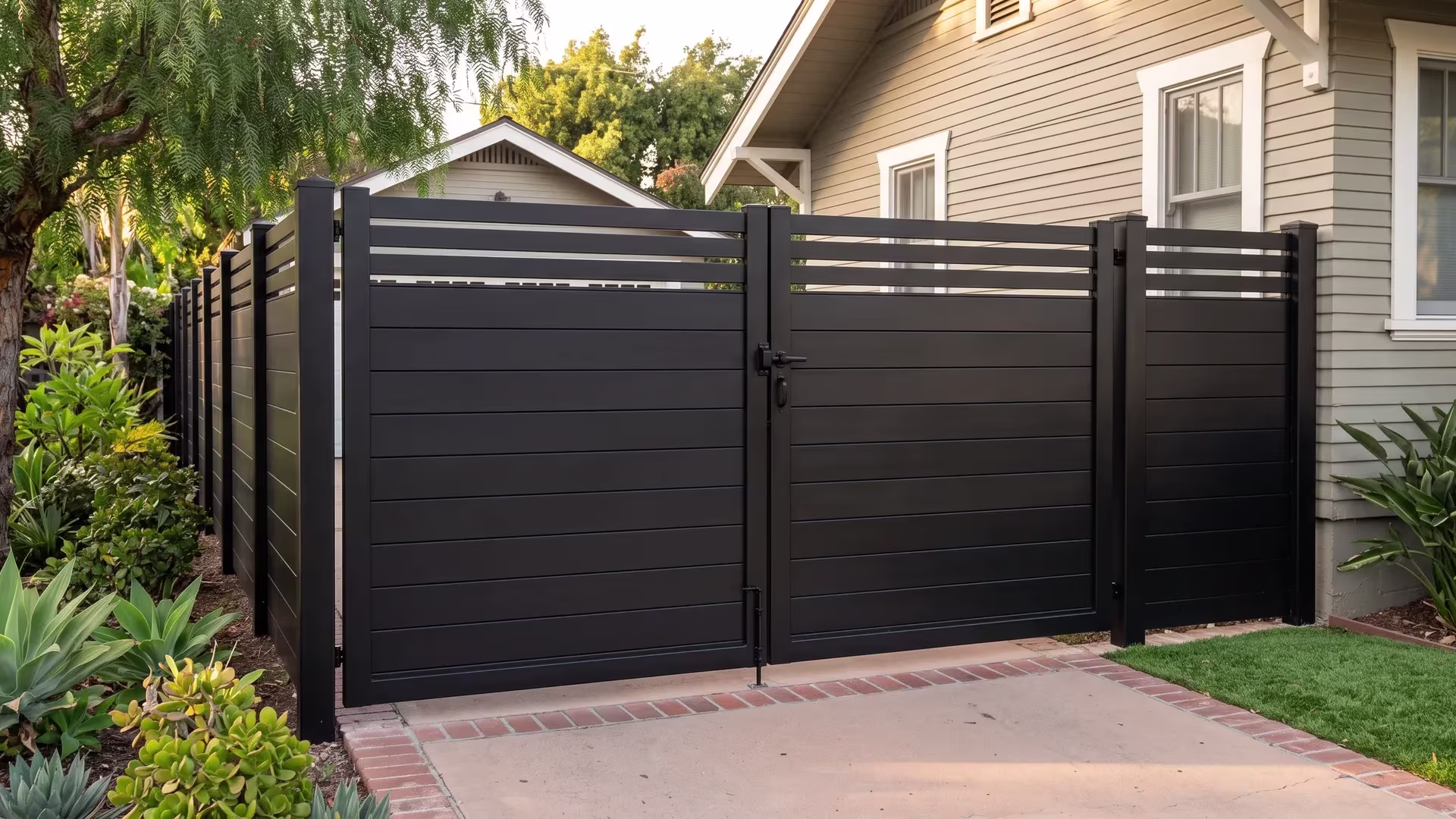 Black privacy hybrid aluminum driveway gate set between a house wall and a post on a Craftsman side driveway