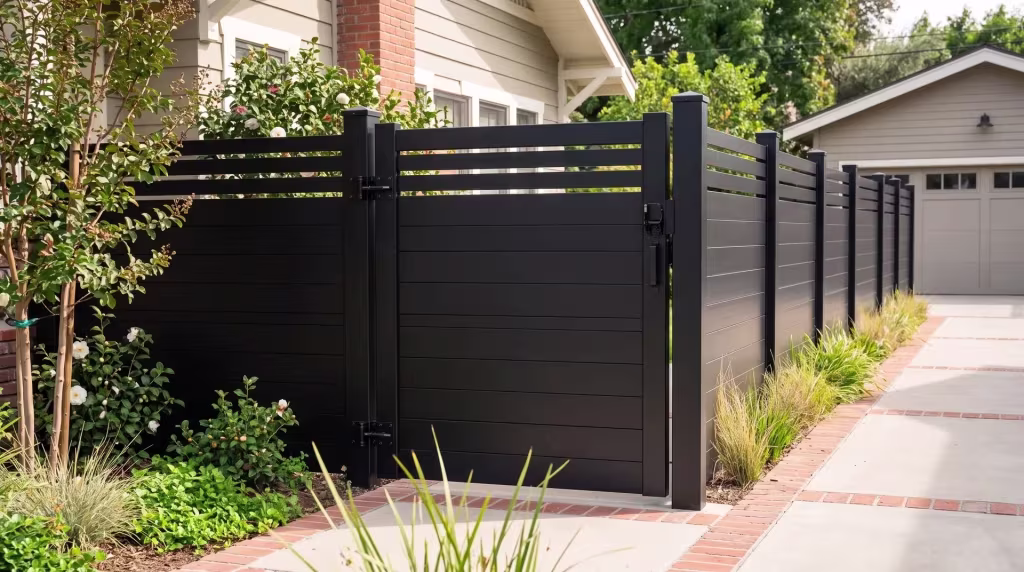 Black aluminum single side gate finished in privacy hybrid infill opens onto a driveway leading to a detached rear garage