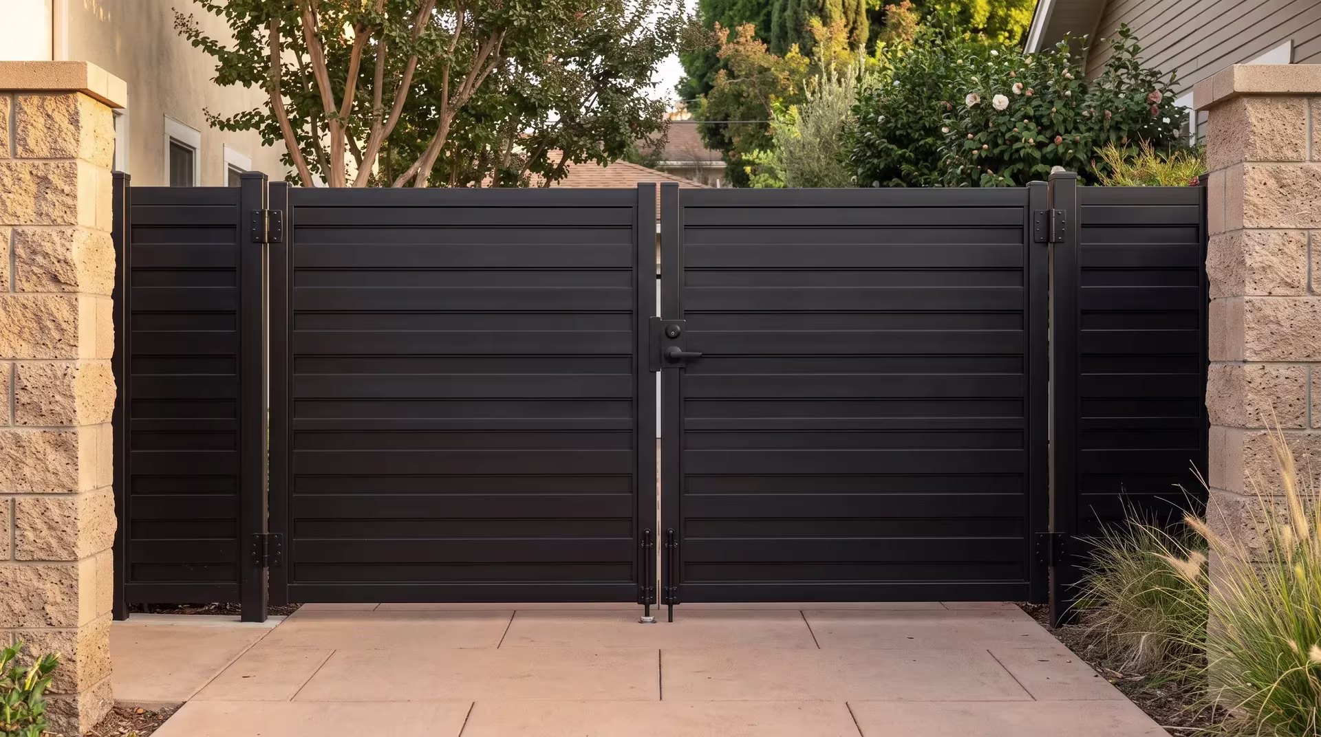 Black horizontal privacy shadowbox aluminum double gate set in a narrow side passage past crepe myrtle