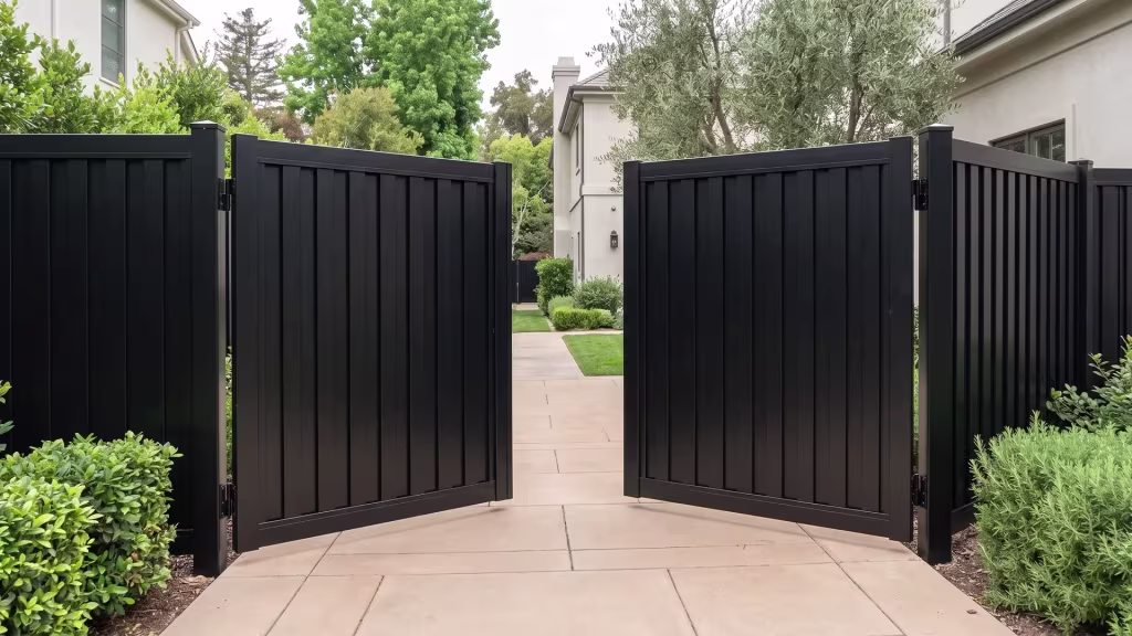 Black vertical shadowbox aluminum double opening gate placed along a rear drive of warm concrete pavers