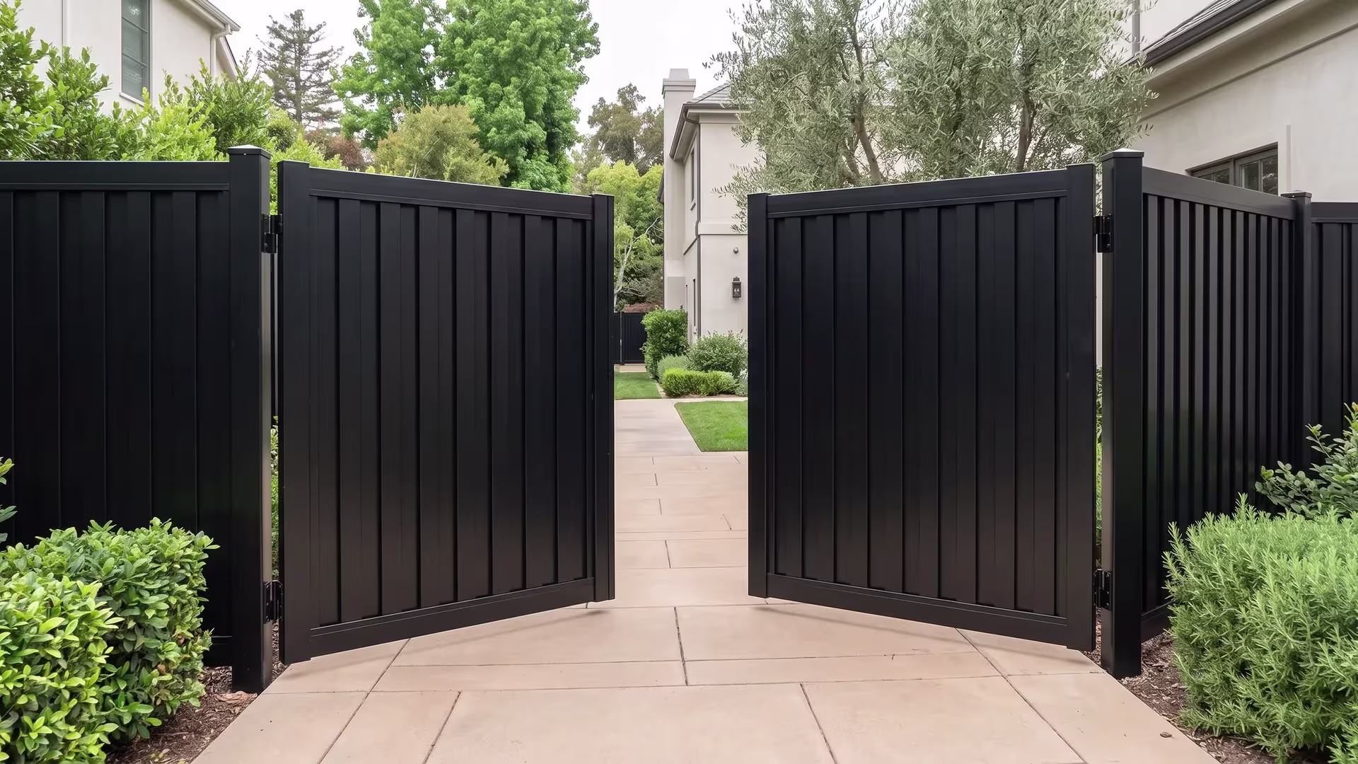 Black vertical shadowbox aluminum double opening gate placed along a rear drive of warm concrete pavers
