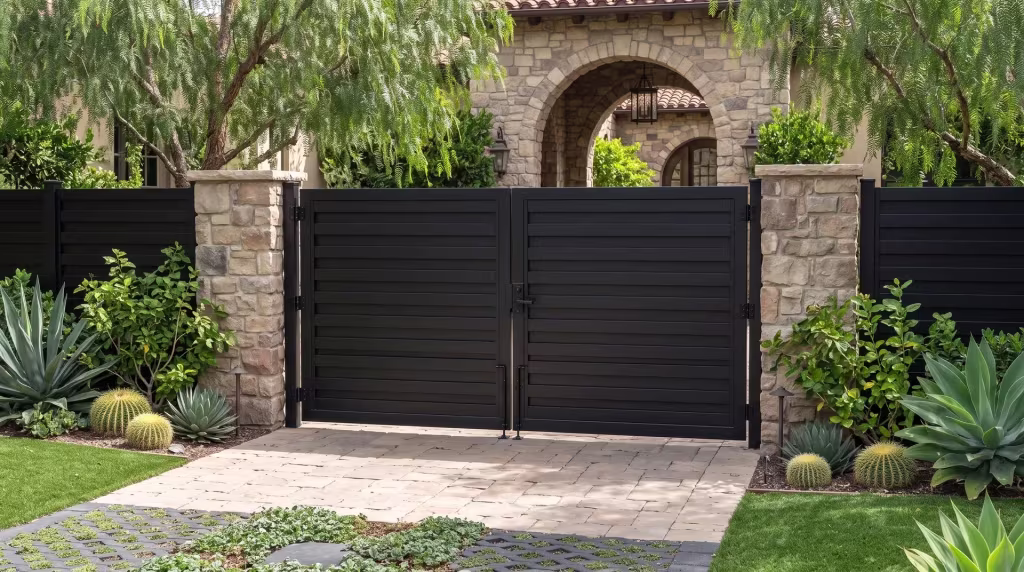 Black horizontal privacy shadowbox aluminum driveway gate centered between masonry columns at a Mediterranean home