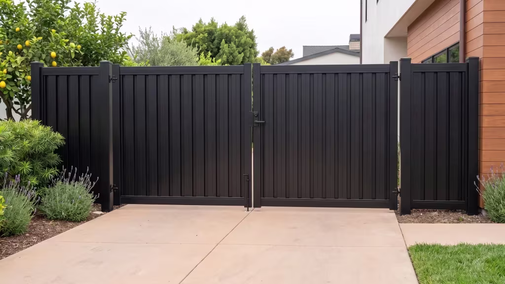 Vertical privacy shadowbox aluminum driveway gate in Black, positioned along a fence line at a coastal property