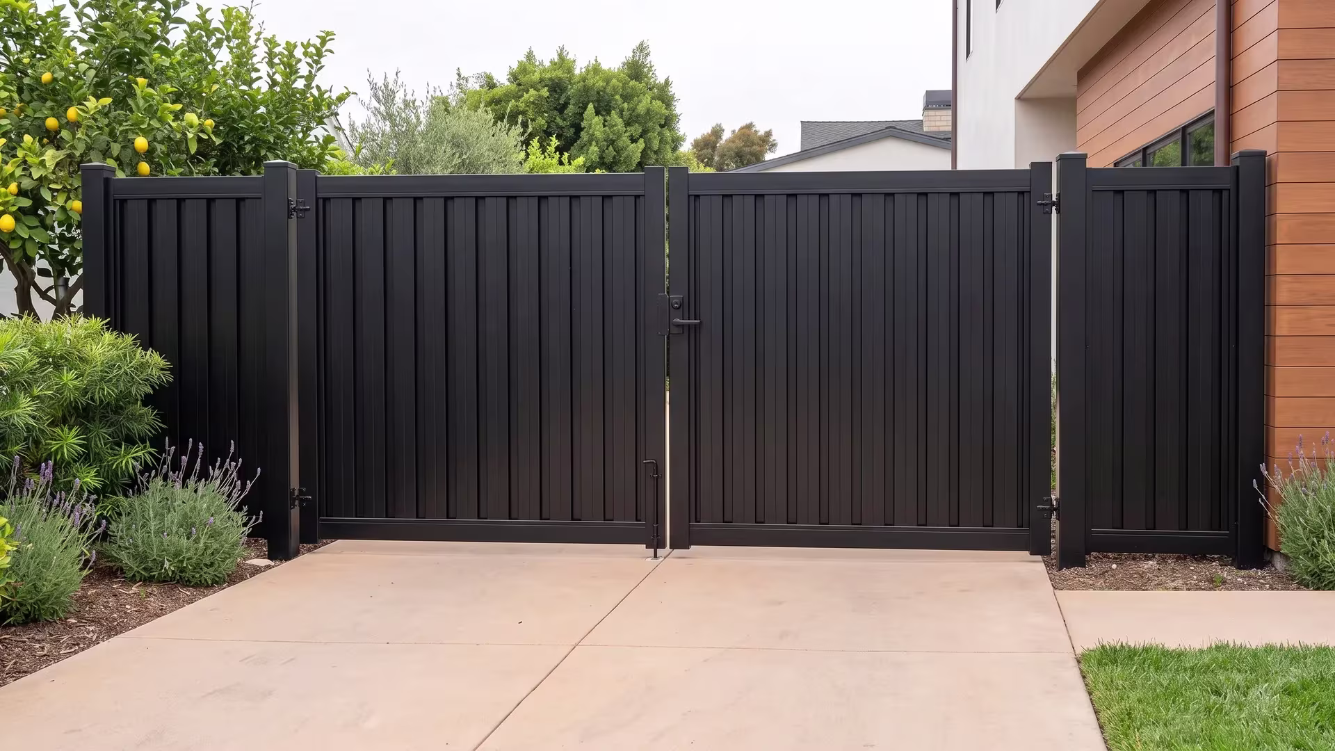 Vertical privacy shadowbox aluminum driveway gate in Black, positioned along a fence line at a coastal property