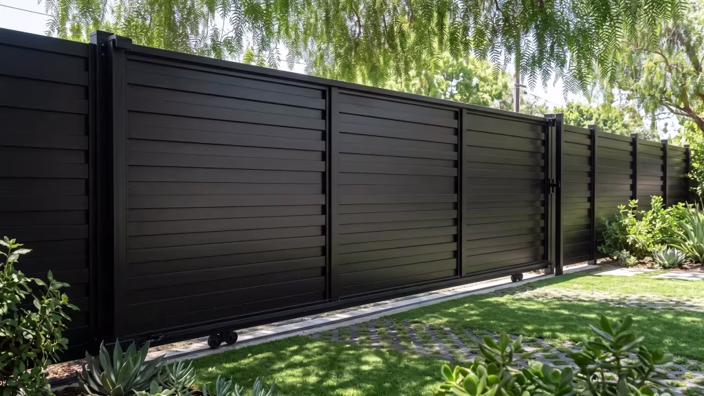 Black aluminum horizontal shadowbox rolling gate closing a parking entry beneath a pepper tree canopy
