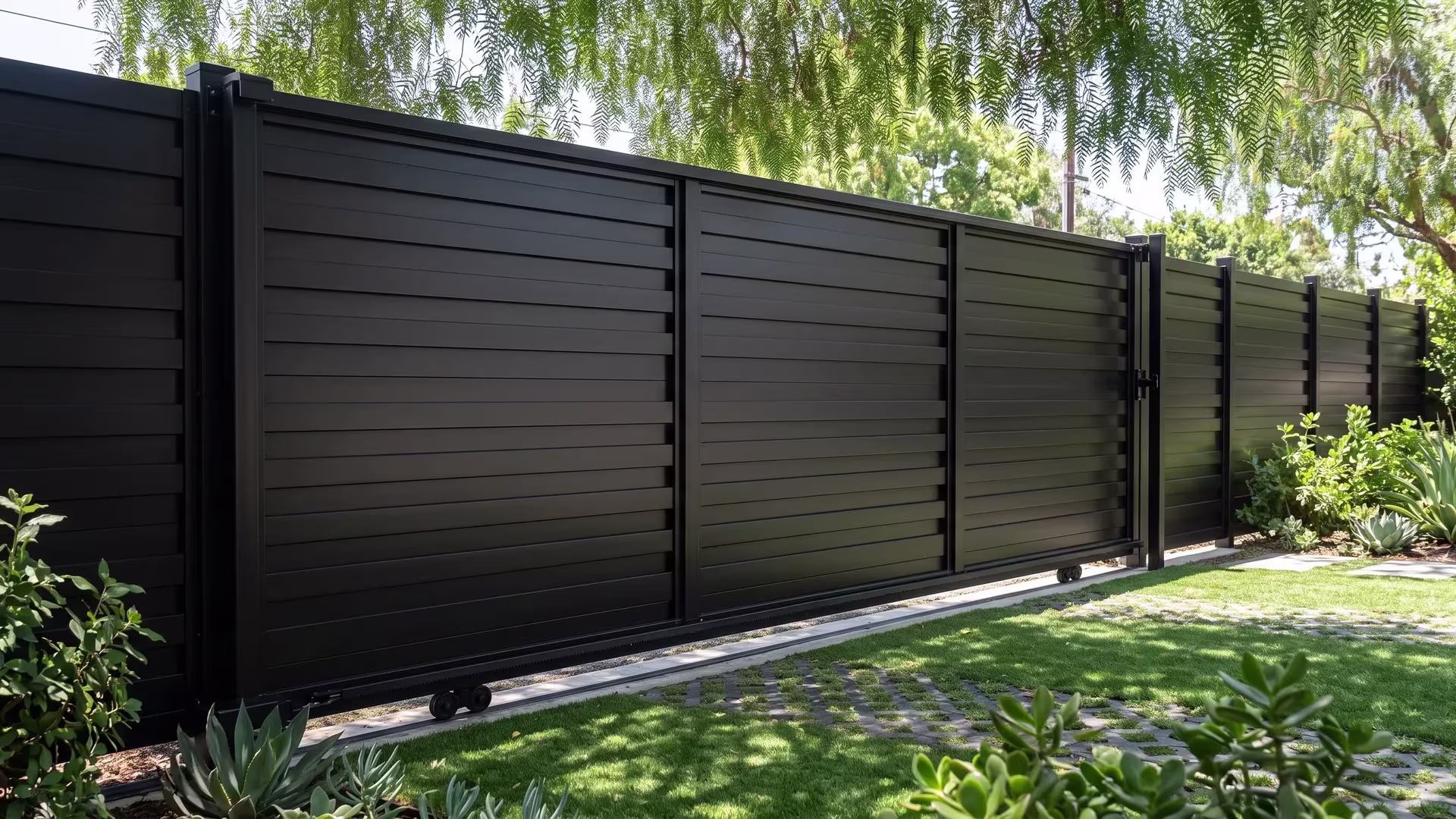 Black aluminum horizontal shadowbox rolling gate closing a parking entry beneath a pepper tree canopy