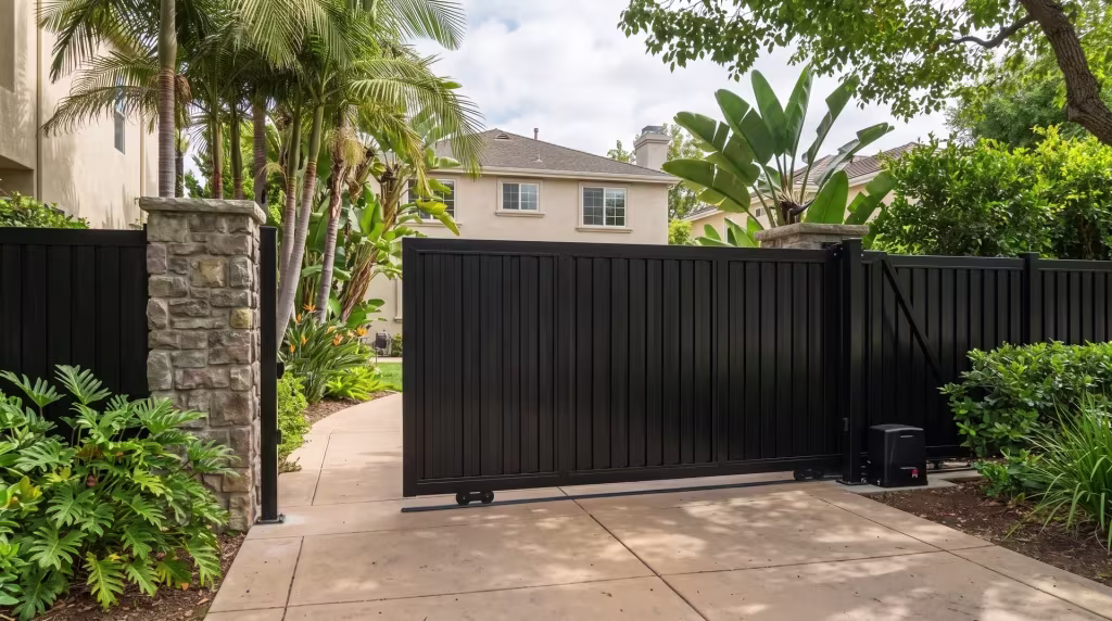 Black aluminum vertical shadowbox rolling gate hung between masonry columns on a service drive