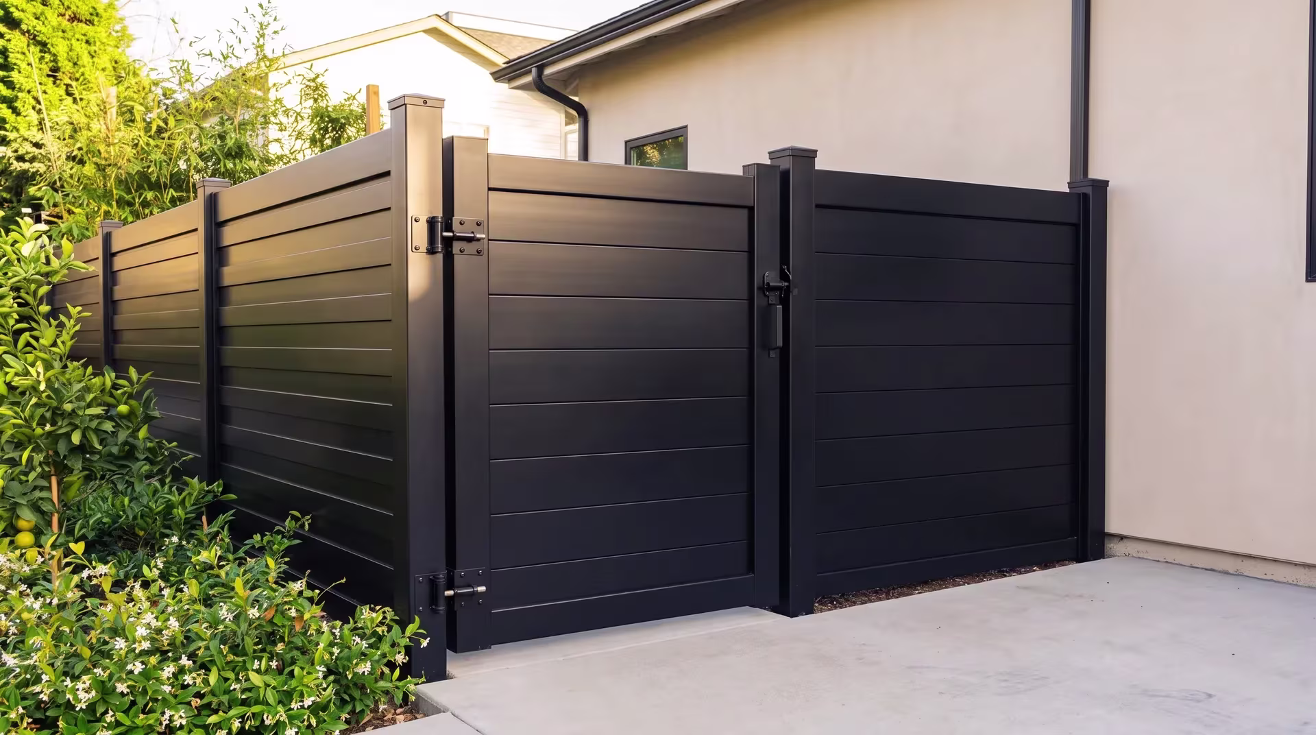 Black horizontal shadowbox aluminum single side gate closing a stucco driveway with a broom finished concrete apron