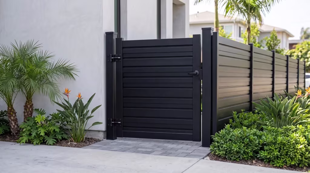 Black aluminum single side gate in a horizontal shadowbox pattern crossing a level entrance paved with gray unit pavers