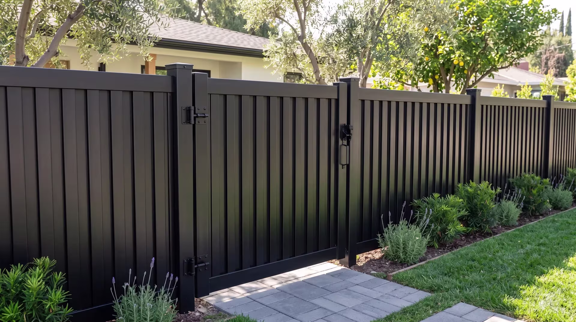 Black vertical shadowbox aluminum single side gate on a front drive bordered by lemon trees and lavender