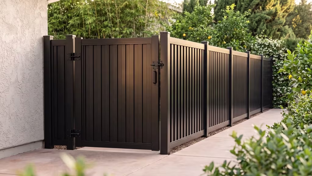 Black vertical shadowbox aluminum gate for a single side opening beside a building wall on jointed concrete pavers