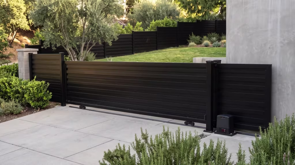 Black horizontal privacy shadowbox aluminum sliding gate closing a level parking terrace on a hillside property