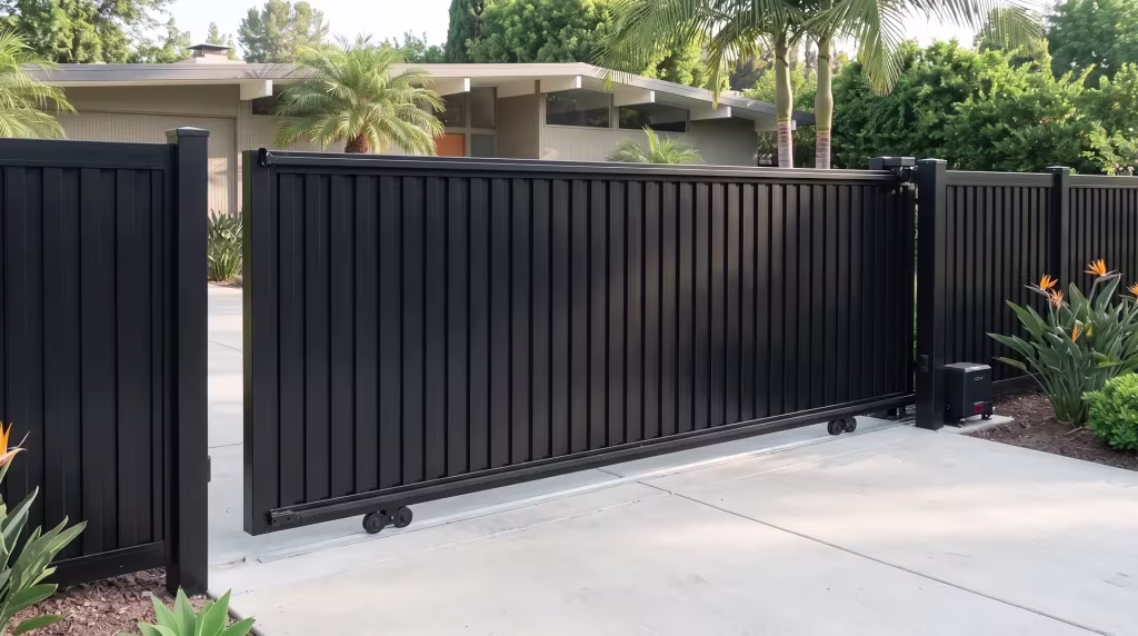Black vertical privacy shadowbox aluminum sliding gate spanning a concrete motor court beside queen palms