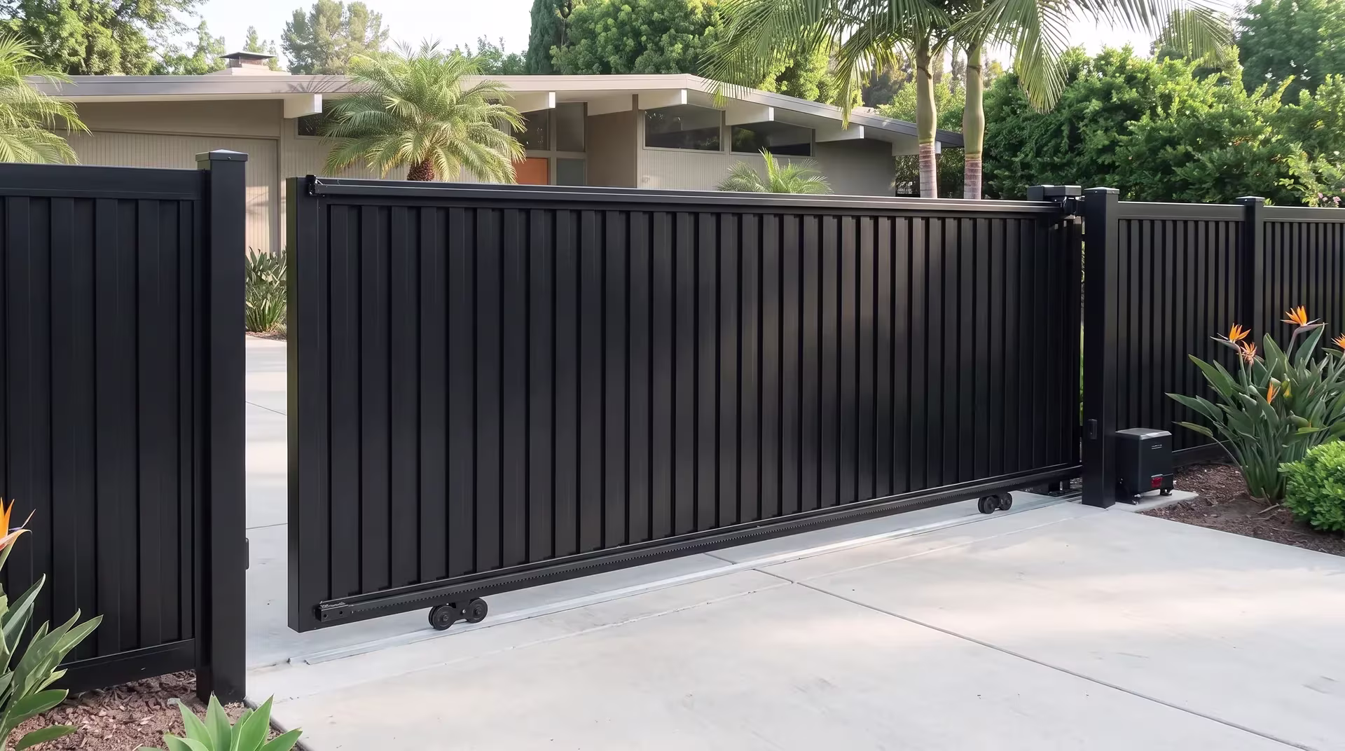 Black vertical privacy shadowbox aluminum sliding gate spanning a concrete motor court beside queen palms