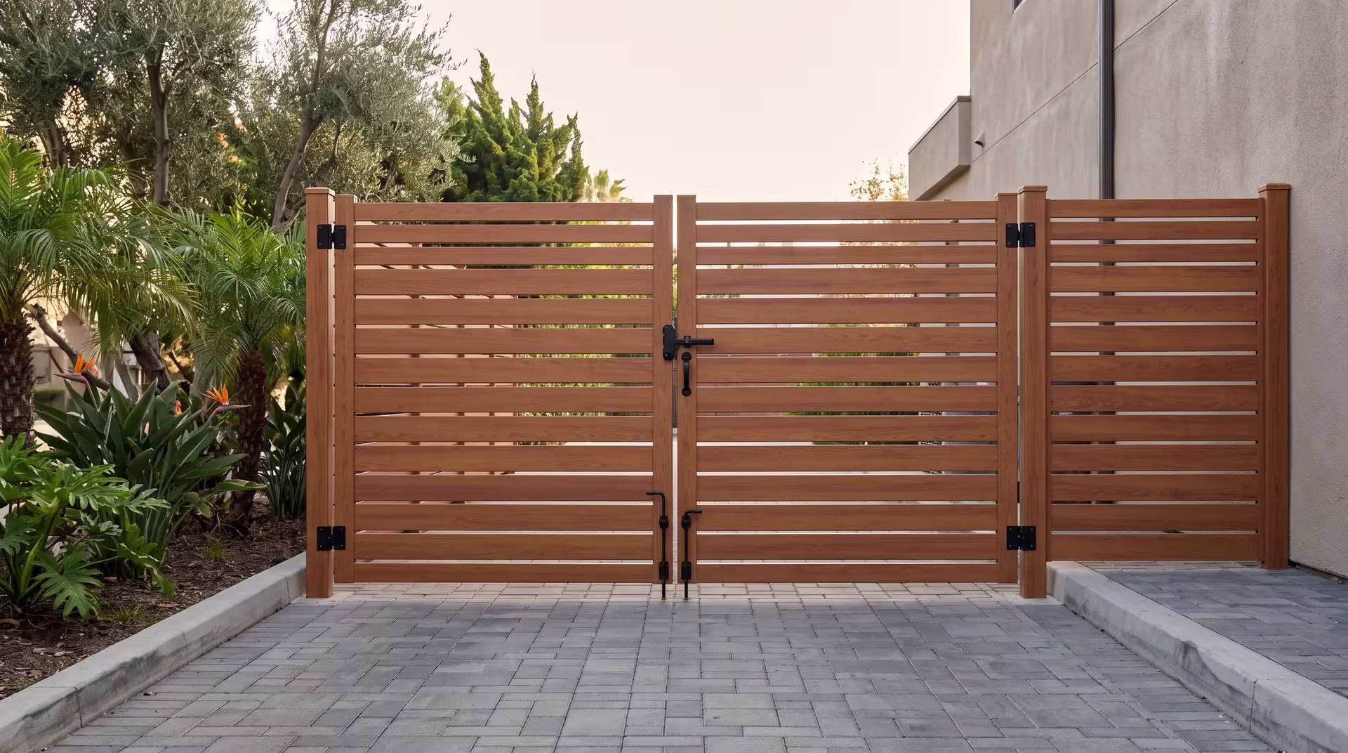 Woodgrain semi privacy aluminum double gate spanning a rear service drive past queen palms and bird of paradise