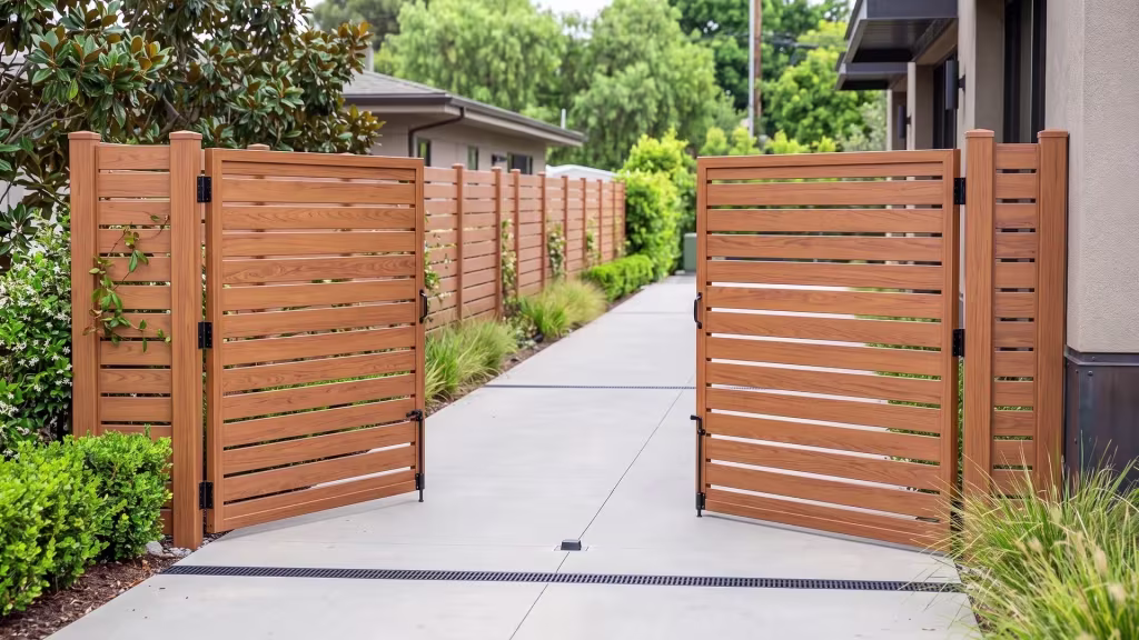 Woodgrain semi privacy aluminum double opening gate reaching a courtyard entrance beside steel drainage grates