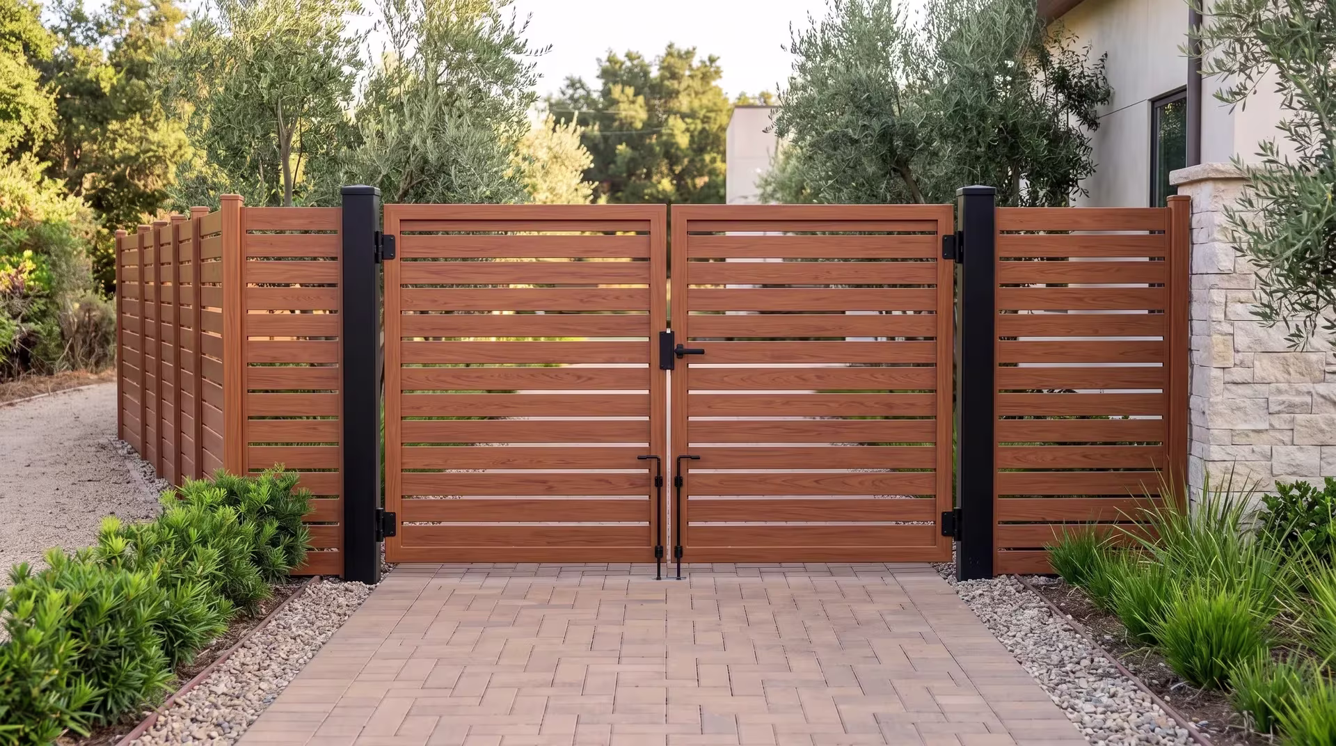 Woodgrain semi privacy aluminum driveway gate at a controlled access drive outside a research laboratory