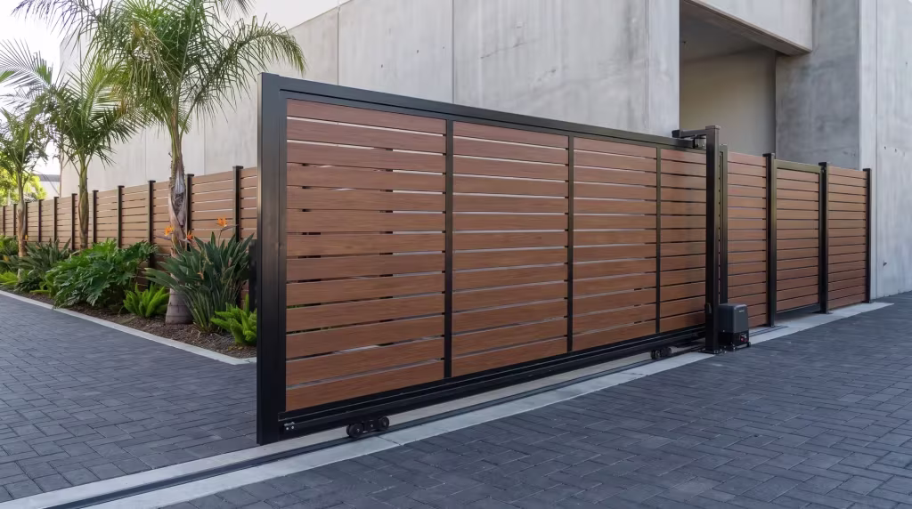 Woodgrain aluminum semi privacy rolling gate spaced open beside queen palms at a cafe's delivery drive