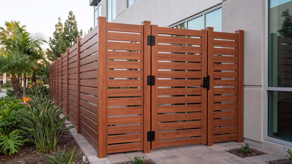 Woodgrain semi privacy aluminum single side gate opening onto employee parking beside a glass and stucco office building