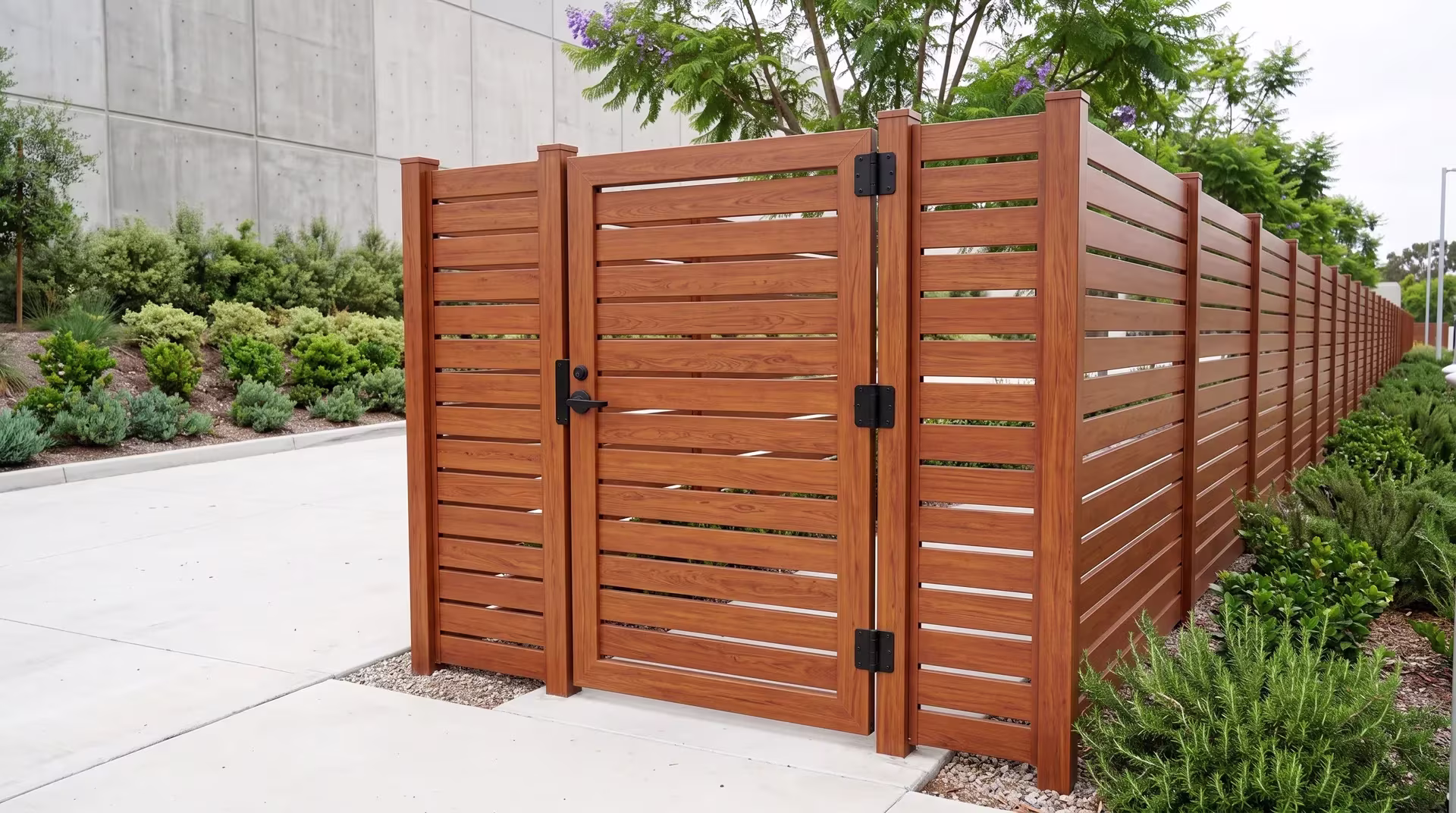 Woodgrain aluminum single side gate with semi privacy infill controlling vehicle entry beside pale concrete and gravel paving