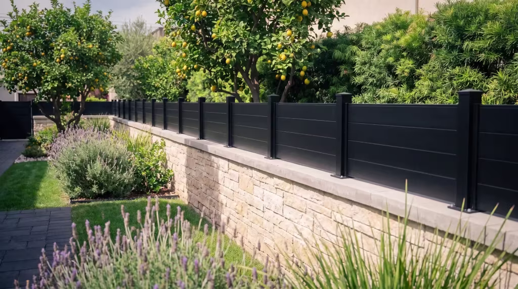 Black aluminum privacy wall topper running along a buff stone boundary wall on a courtyard property