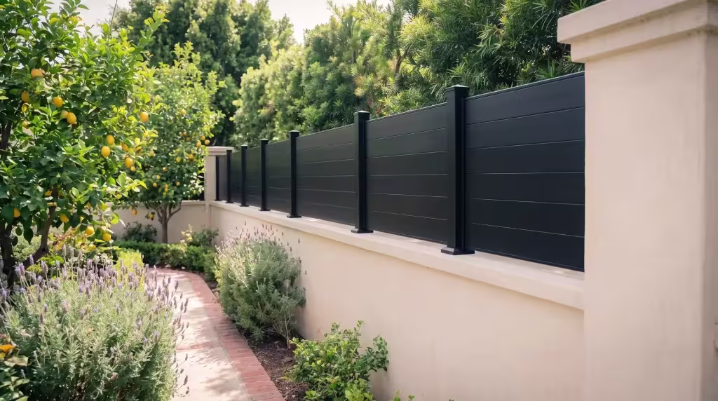 Black aluminum wall topper ending against a stucco house column atop a ranch home's garden wall