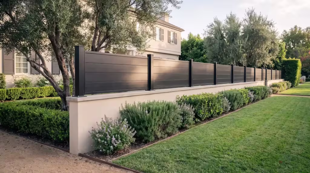 Black aluminum privacy wall topper extending the length of a painted concrete boundary wall past olive trees