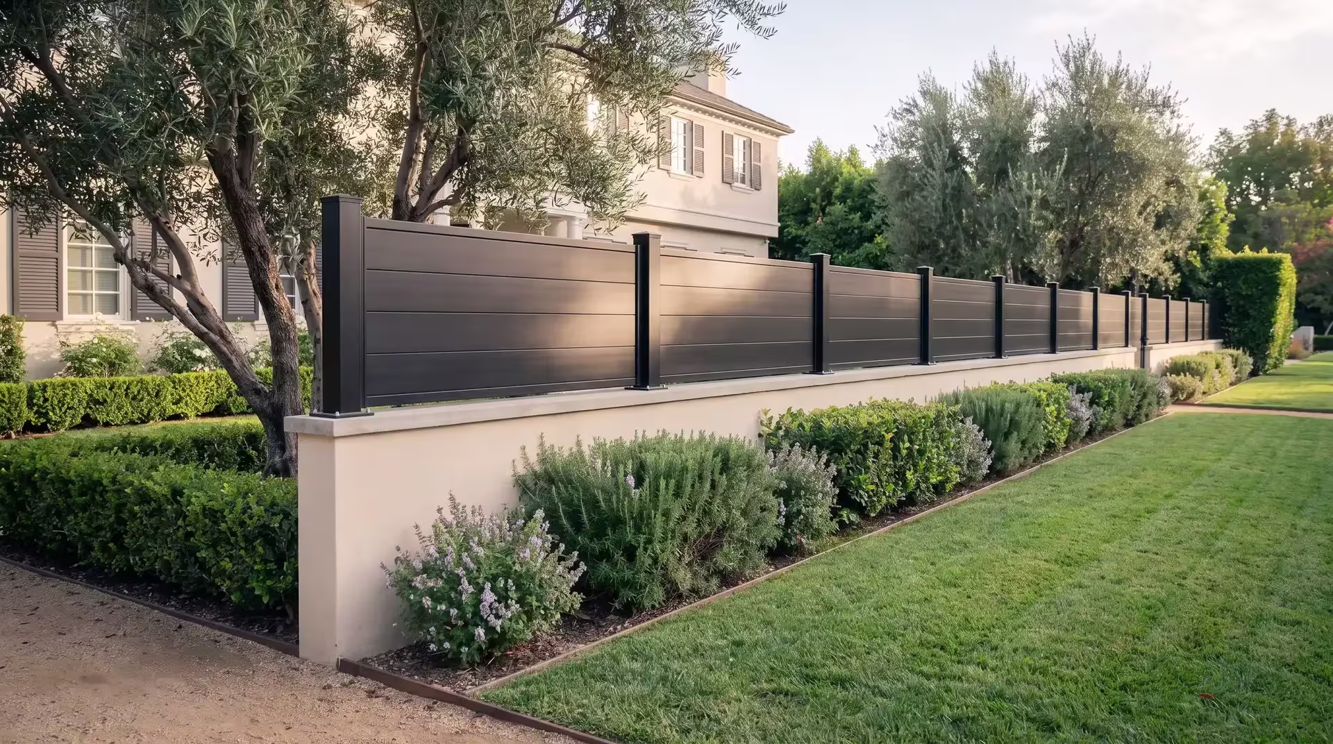 Black aluminum privacy wall topper extending the length of a painted concrete boundary wall past olive trees