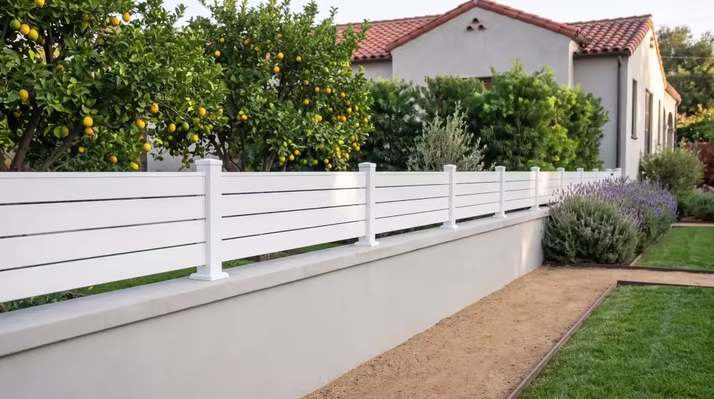 White aluminum wall topper meeting a masonry return wall beside a restored Spanish Revival house