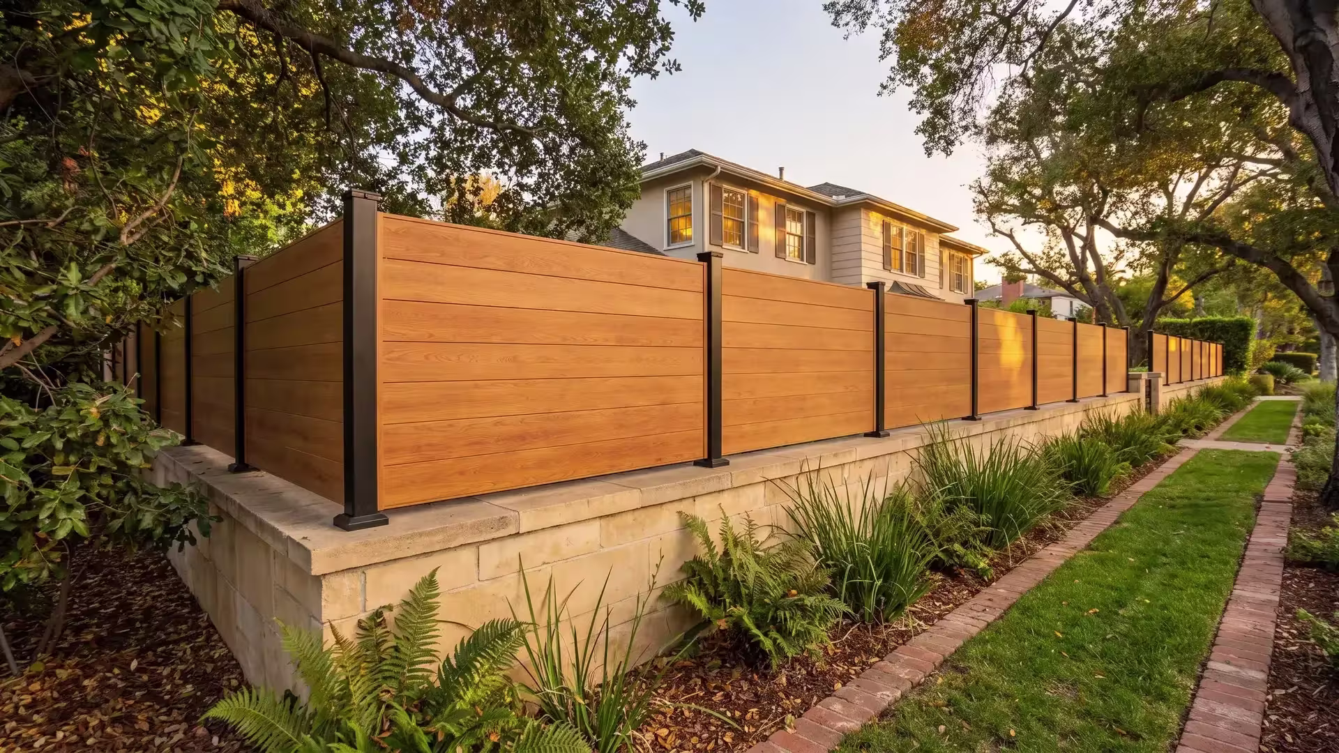 Woodgrain aluminum privacy wall topper continuing behind ferns and lomandra along a stone side boundary