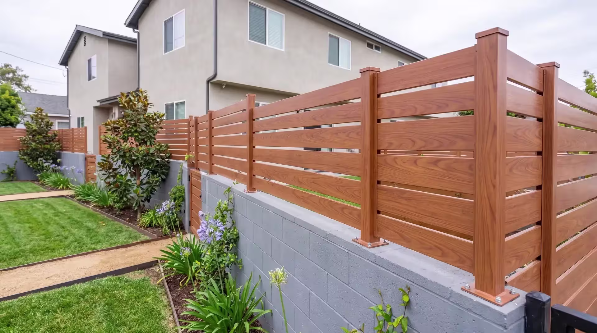 Semi privacy Woodgrain aluminum wall topper runs the length of a painted concrete wall at a duplex property line