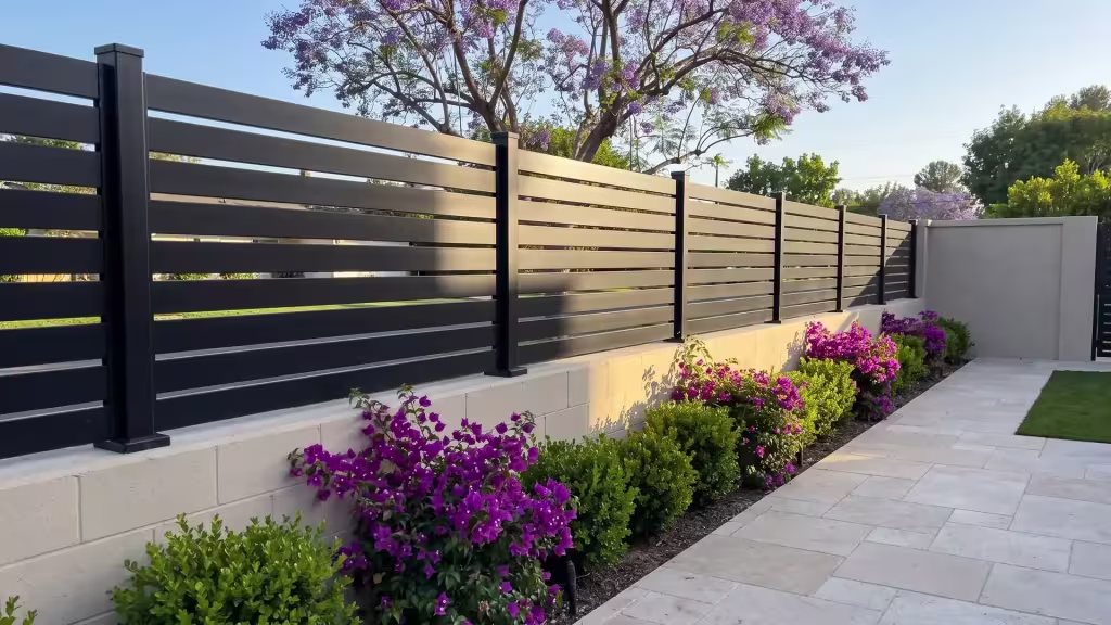 Aluminum wall topper in Black with semi privacy slats finishes against a return post on a painted concrete wall