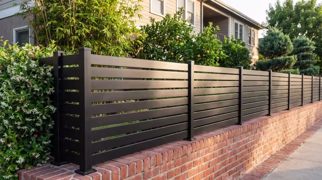 Black semi privacy aluminum wall topper meets a return post along a red-brick wall at a landscaped duplex